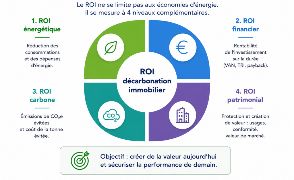 ROI décarbonation immobilier – indicateurs financiers énergétiques carbone et patrimoniaux.